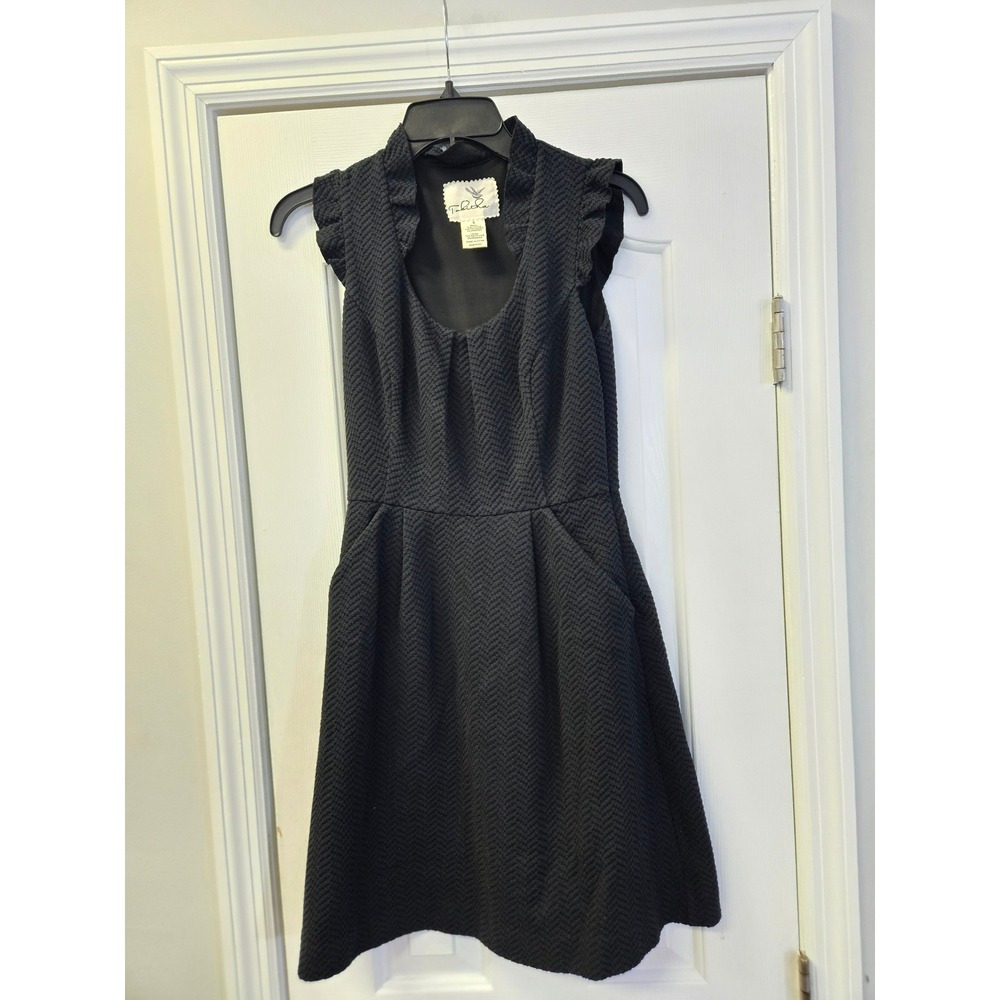 Tabitha Anthropologie Black‎ Herringbone Matelasse Ruffle Fit & Flare Dress 0